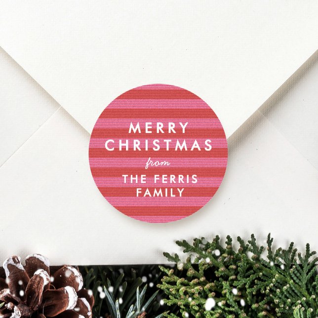 Merry Christmas cute red pink stripe gift Classic Round Sticker (Creator Uploaded)