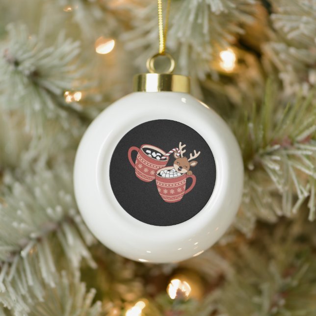 Merry Christmas Cute Reindeer Family Xmas Coffee  Ceramic Ball Christmas Ornament (Tree)