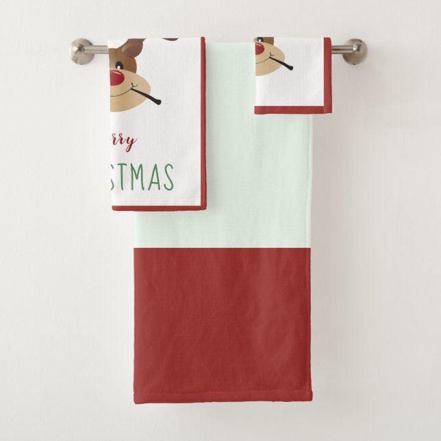 Merry Christmas Cute Reindeer Mistletoe Red Green Bath Towel Set (Insitu)