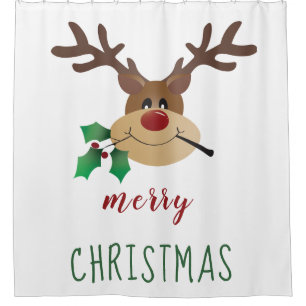 Merry Christmas Cute Reindeer Mistletoe Red Green Shower Curtain