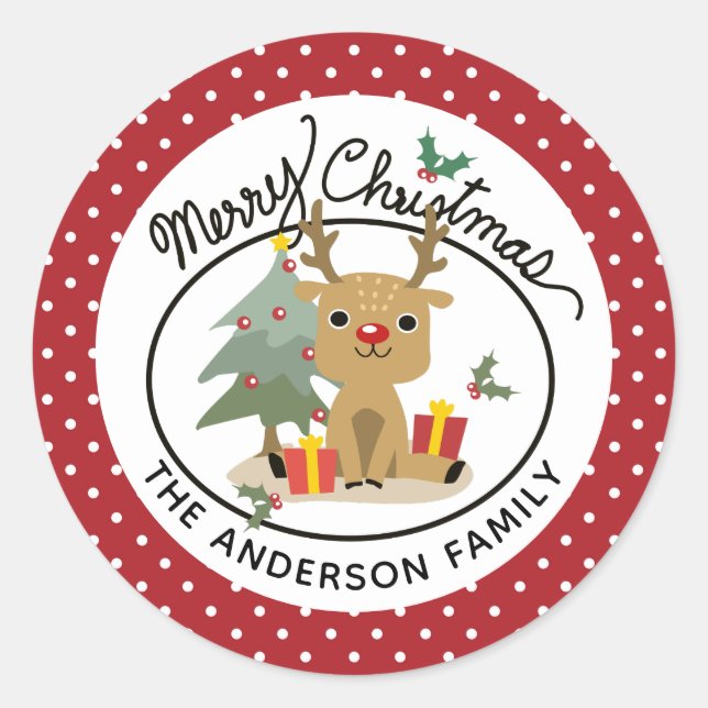 Merry Christmas Cute Reindeer Personalised Name Classic Round Sticker (Front)