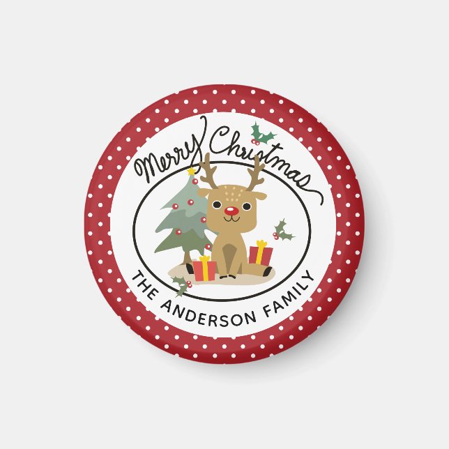 Merry Christmas Cute Reindeer Personalised Name Magnet (Front)