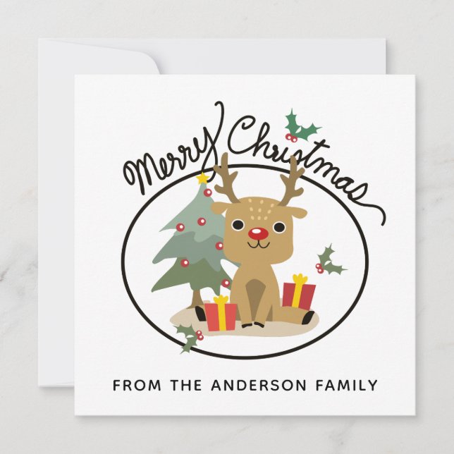 Merry Christmas Cute Reindeer Personalized Name Holiday Card (Front)