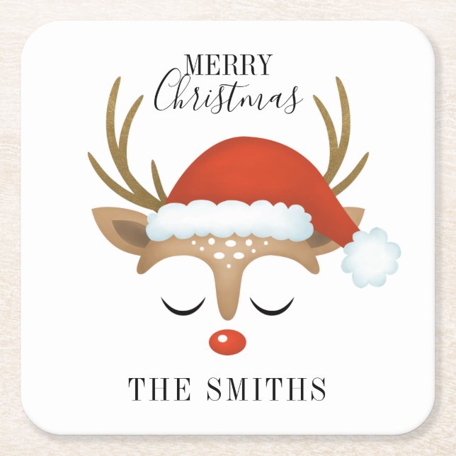 Merry Christmas Cute Reindeer Square Paper Coaster (Front)