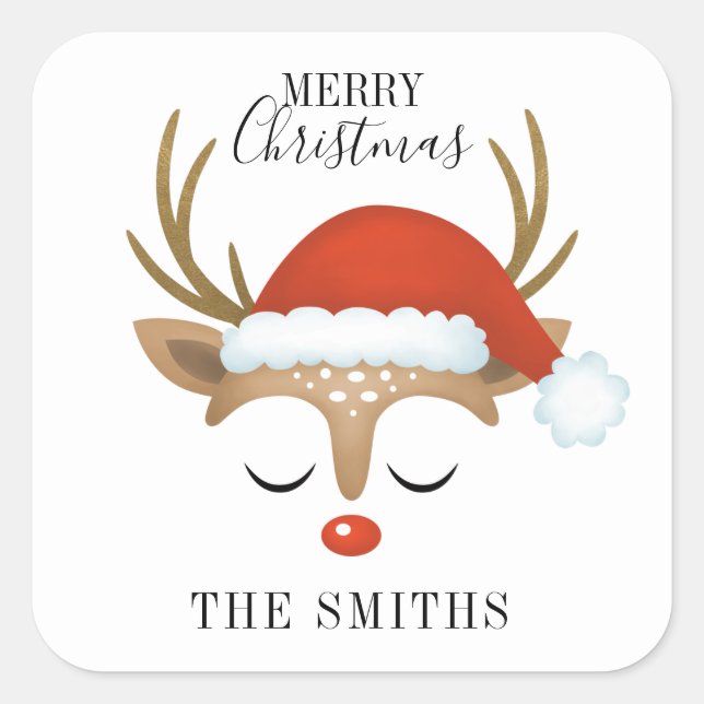 Merry Christmas Cute Reindeer Square Sticker (Front)
