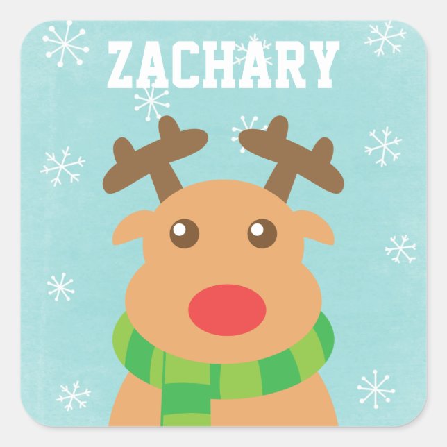 Merry Christmas - Cute Reindeer with Red Nose Square Sticker (Front)