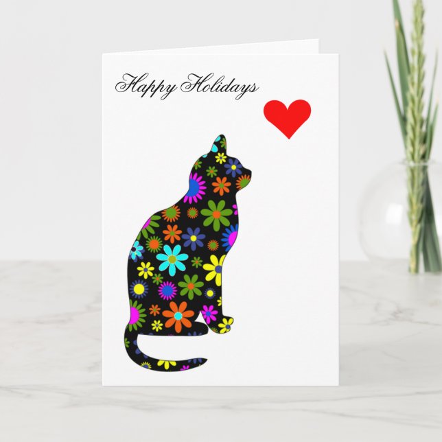 Merry Christmas Cute Retro Girly Heart Floral Cat Holiday Card (Front)