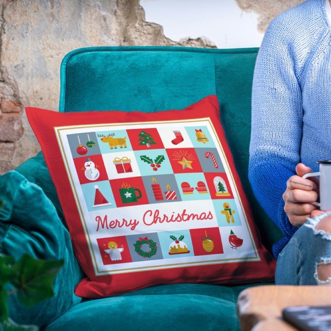 Merry Christmas Cute Retro Winter Christmas Icons Cushion (Creator Uploaded)