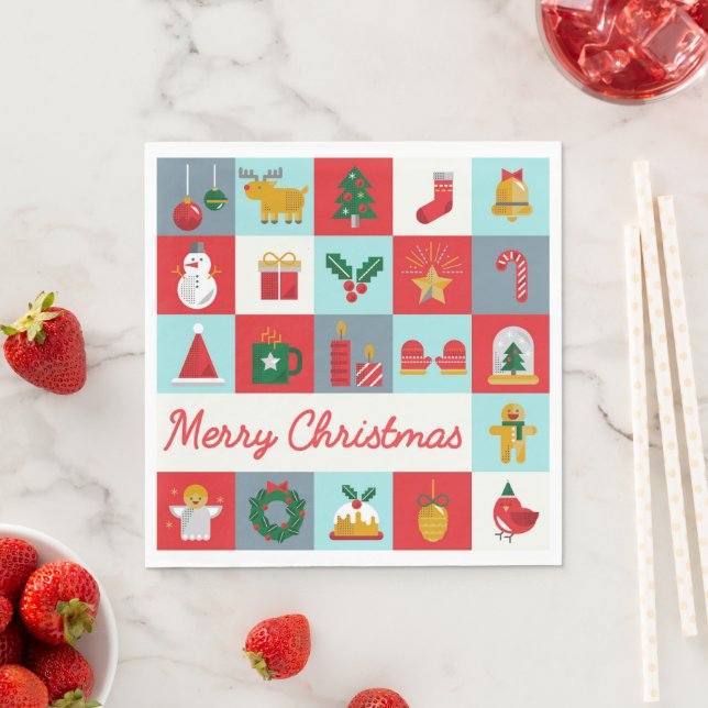 Merry Christmas Cute Retro Winter Christmas Icons Napkin (Insitu)
