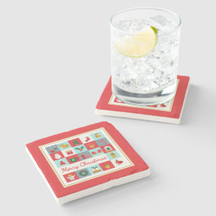 Merry Christmas Cute Retro Winter Christmas Icons Stone Coaster