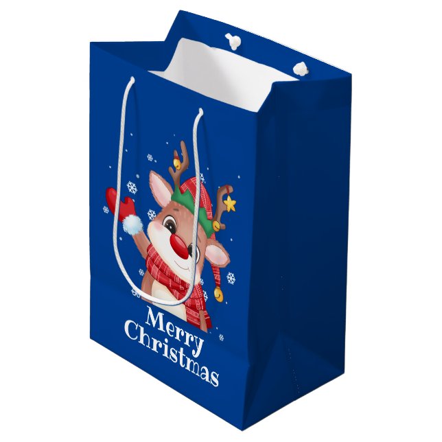 Merry Christmas Cute Rudolph The Red Nose Reindeer Medium Gift Bag (Front Angled)