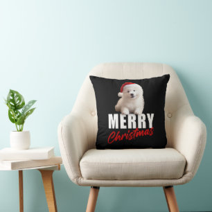 Merry Christmas Cute Samoyed Puppy with Santa Hat  Cushion