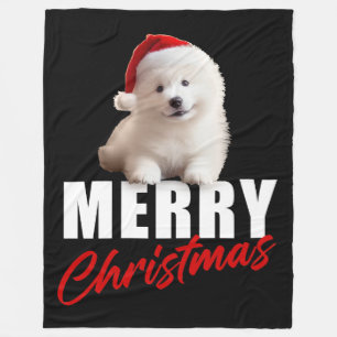 Merry Christmas Cute Samoyed Puppy with Santa Hat  Fleece Blanket