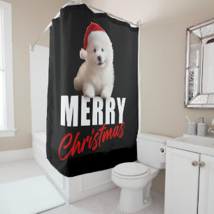 Merry Christmas Cute Samoyed Puppy with Santa Hat  Shower Curtain