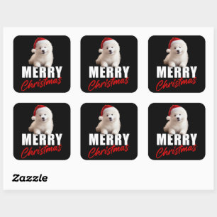 Merry Christmas Cute Samoyed Puppy with Santa Hat Square Sticker