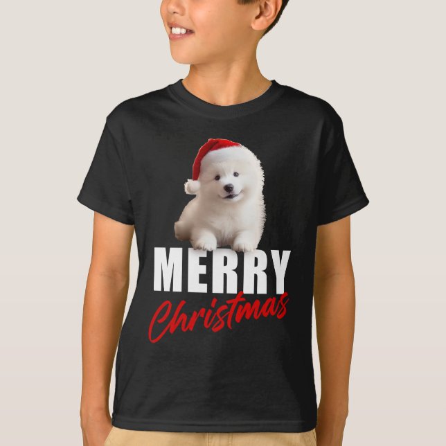 Merry Christmas Cute Samoyed Puppy with Santa Hat  T-Shirt (Front)