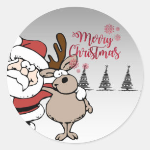 Merry Christmas,Cute Santa Claus Reindeer Classic Round Sticker