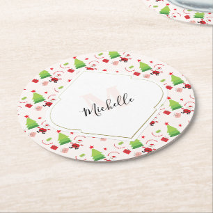 Merry Christmas Cute Santa Monogram Round Paper Coaster