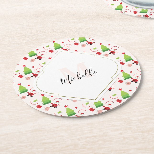 Merry Christmas Cute Santa Monogram Round Paper Coaster (Angled)