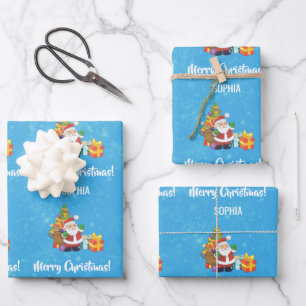 Merry Christmas Cute Santa Personalise Name Blue Wrapping Paper Sheet
