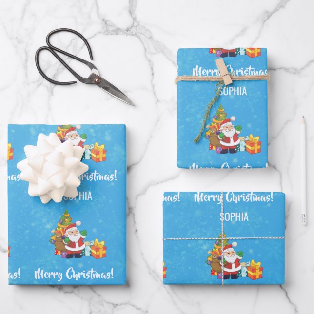 Merry Christmas Cute Santa Personalise Name Blue Wrapping Paper Sheet (Front)
