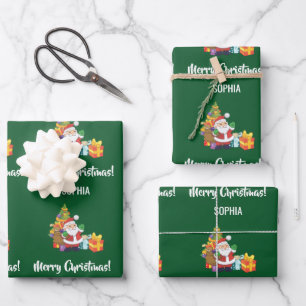 Merry Christmas Cute Santa Personalise Name Green Wrapping Paper Sheet