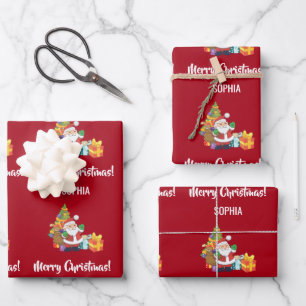 Merry Christmas Cute Santa Personalise Name Red Wrapping Paper Sheet