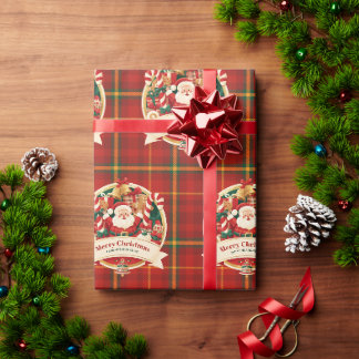 Merry Christmas Cute Santa Red Plaid Custom Name Wrapping Paper