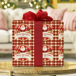 Merry Christmas Cute Santa Red Plaid Personalised Wrapping Paper