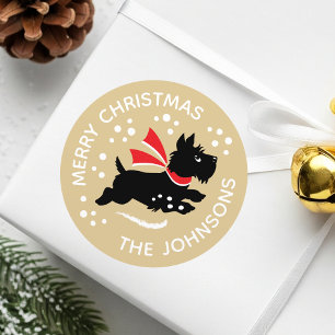 Merry Christmas Cute Scottie Dog Name Gold Classic Round Sticker
