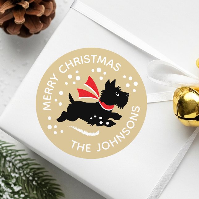 Merry Christmas Cute Scottie Dog Name Gold Classic Round Sticker (Creator Uploaded)