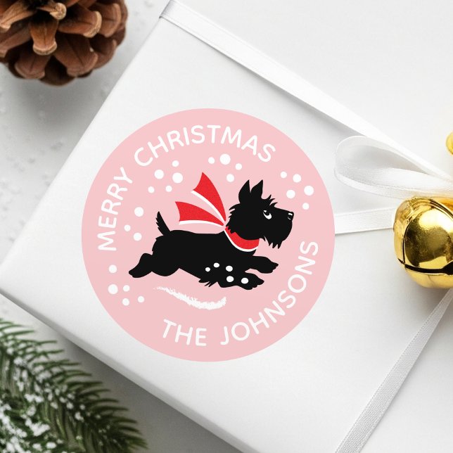 Merry Christmas Cute Scottie Dog Name Pink Classic Round Sticker (Creator Uploaded)