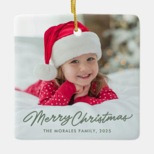 Merry Christmas cute simple green one photo Ceramic Ornament
