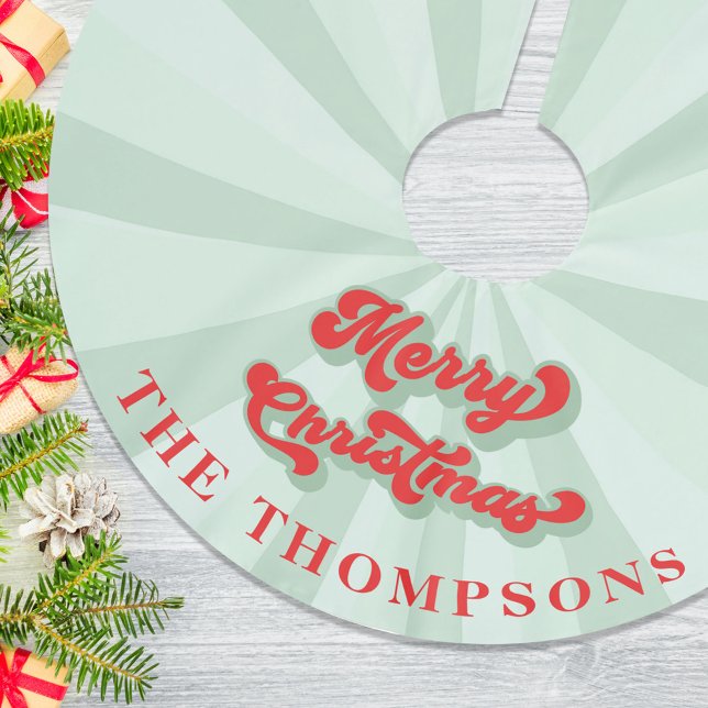 Merry Christmas Cute Simple Red Green Typography  Brushed Polyester Tree Skirt (Merry Christmas retro style typography Christmas tree skirt.)
