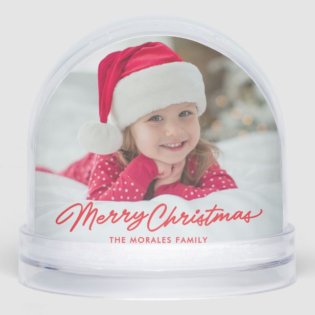 Merry Christmas cute simple red one photo holiday Snowglobe (Front)