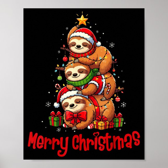 Merry Christmas Cute Sloth Santa Hat Slothmas Anim Poster (Front)