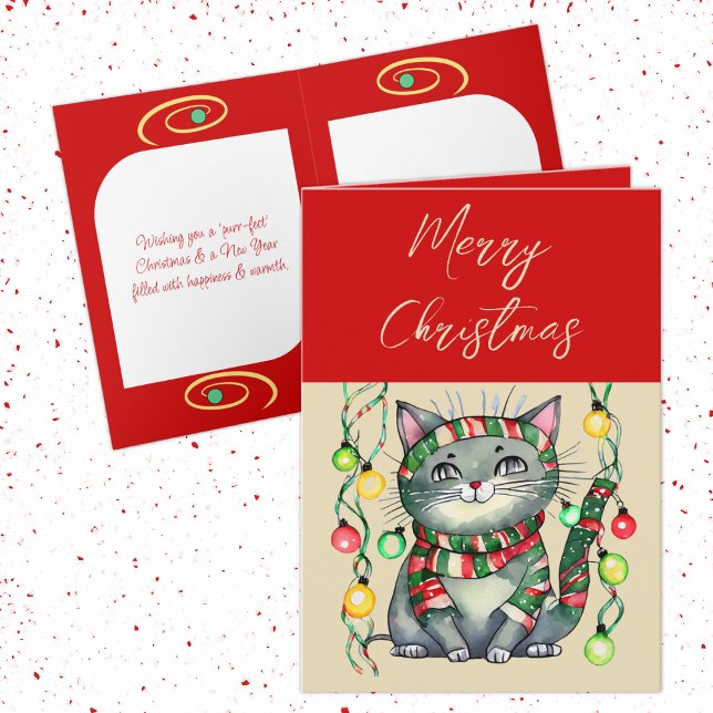Merry Christmas cute smiling cat baubles red Holiday Card (Creator Uploaded)