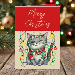 Merry Christmas cute smiling cat baubles red Holiday Card