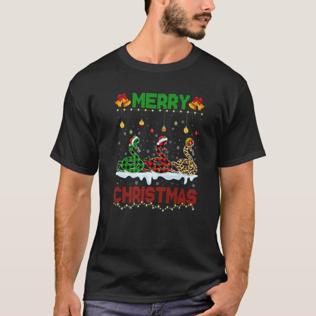 Merry Christmas Cute Snake Xmas Leopard Plaid Sant T-Shirt (Front)