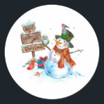 Merry Christmas Cute Snowman and Birds  Classic Round Sticker<br><div class="desc">Christmas illustration</div>