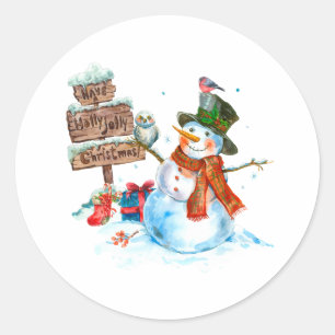 Merry Christmas Cute Snowman and Birds Classic Round Sticker
