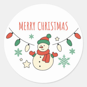 Merry Christmas, Cute Snowman, Christmas Lights Classic Round Sticker
