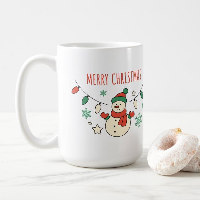 Merry Christmas, Cute Snowman, Christmas Lights Coffee Mug (With Donut)
