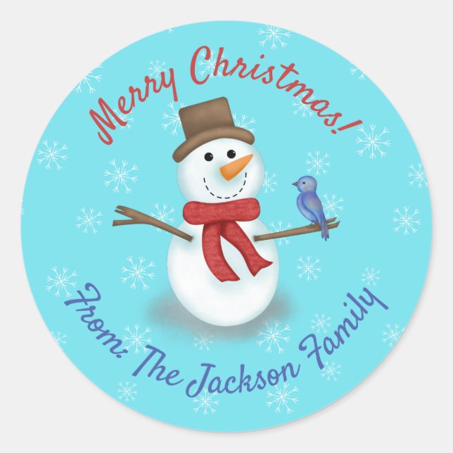 Merry Christmas cute snowman custom text Classic Round Sticker (Front)