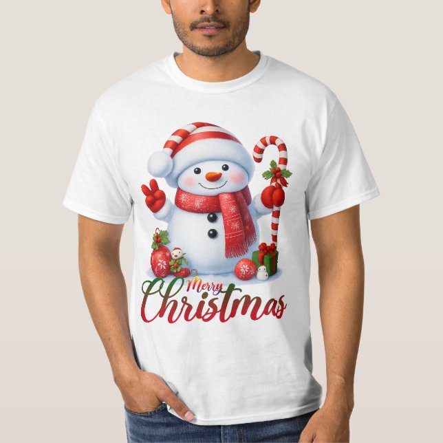 Merry Christmas Cute Snowman Illustration Tee (Front)