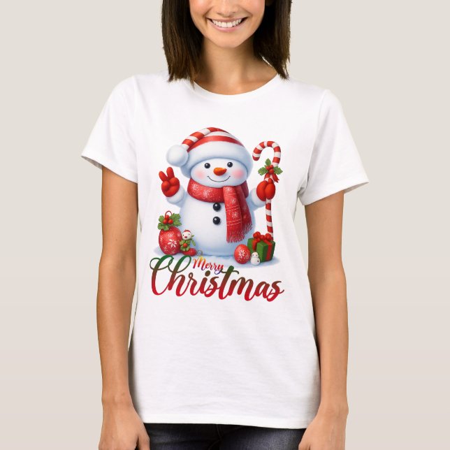 Merry Christmas Cute Snowman Illustration Tee (Front)