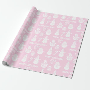 Merry Christmas Cute Snowman Name Xmas Pink Wrapping Paper