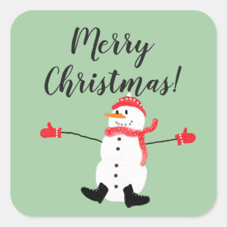 Merry Christmas Cute Snowman on Sage Green Square Sticker