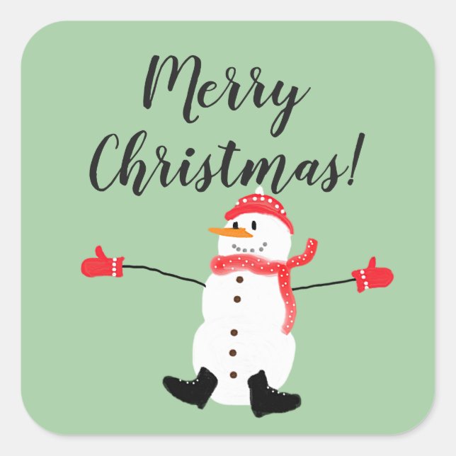 Merry Christmas Cute Snowman on Sage Green Square Sticker (Front)