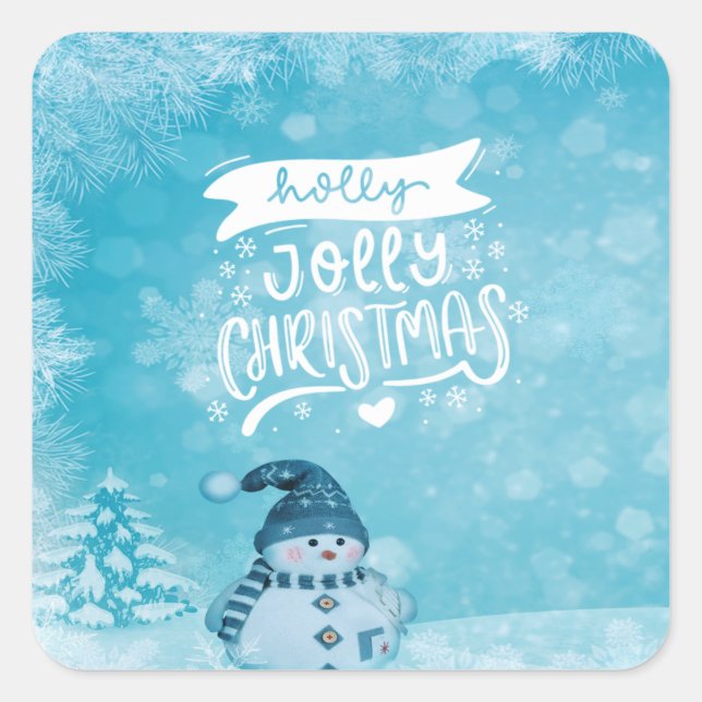 Merry Christmas,Cute Snowman Pine Tree Snowflakes Square Sticker (Front)